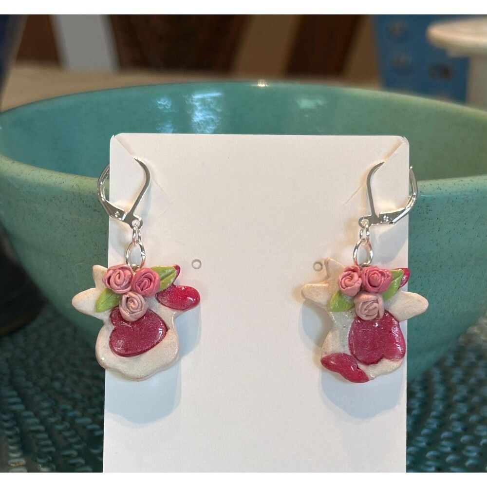 Pink‎ Heart Cows with Roses Polymer Clay Handmade Earrings